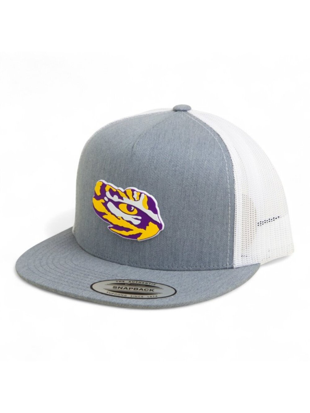 LSU Tiger Eye Snapback Flat Bill Trucker Hat- Heather Grey/ White